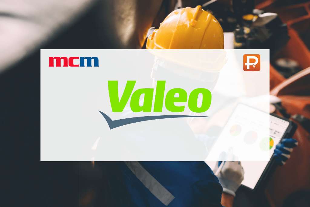 Logo di Valeo con lavoratore alle spalle e logo di PrometeoManutenzione e della fiera MCM 2019