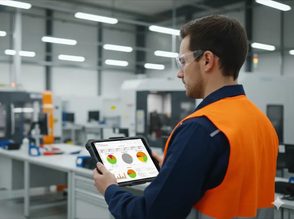 manutentore con tablet con dashboard e kpi